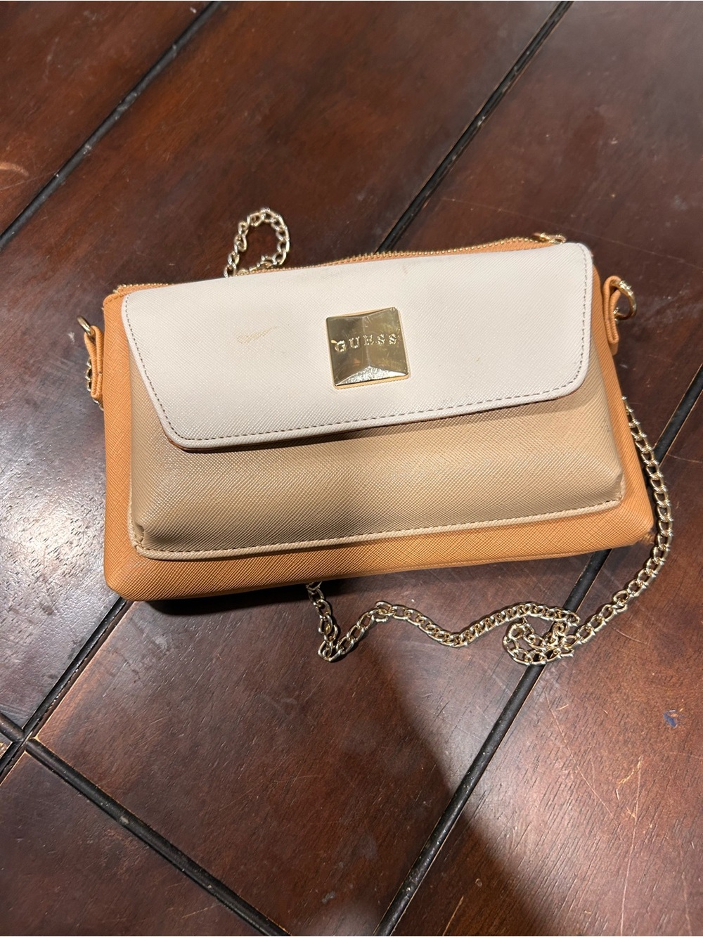 GUESS Two-Tone Cream & Tan Crossbody with Gold Chain